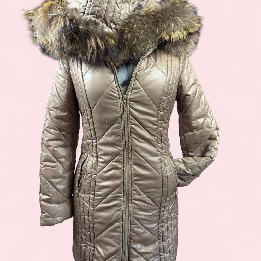 Waggon Paris Metallic Taupe Long Puffer Coat Faux Fur Hood Y2K Glam Womens L 40